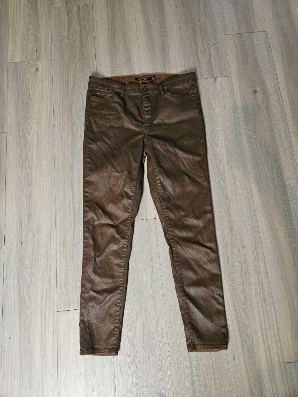 Ralph Lauren Brown Waxed Denim Skinny Pants Size 12 - Picture 3 of 6